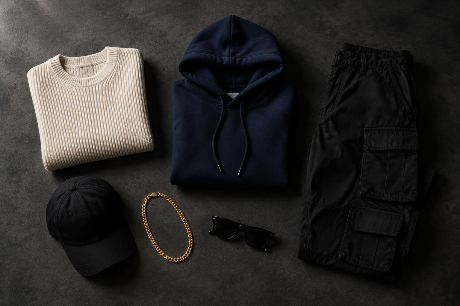 Apparel and accessories laid out on a dark studio surface